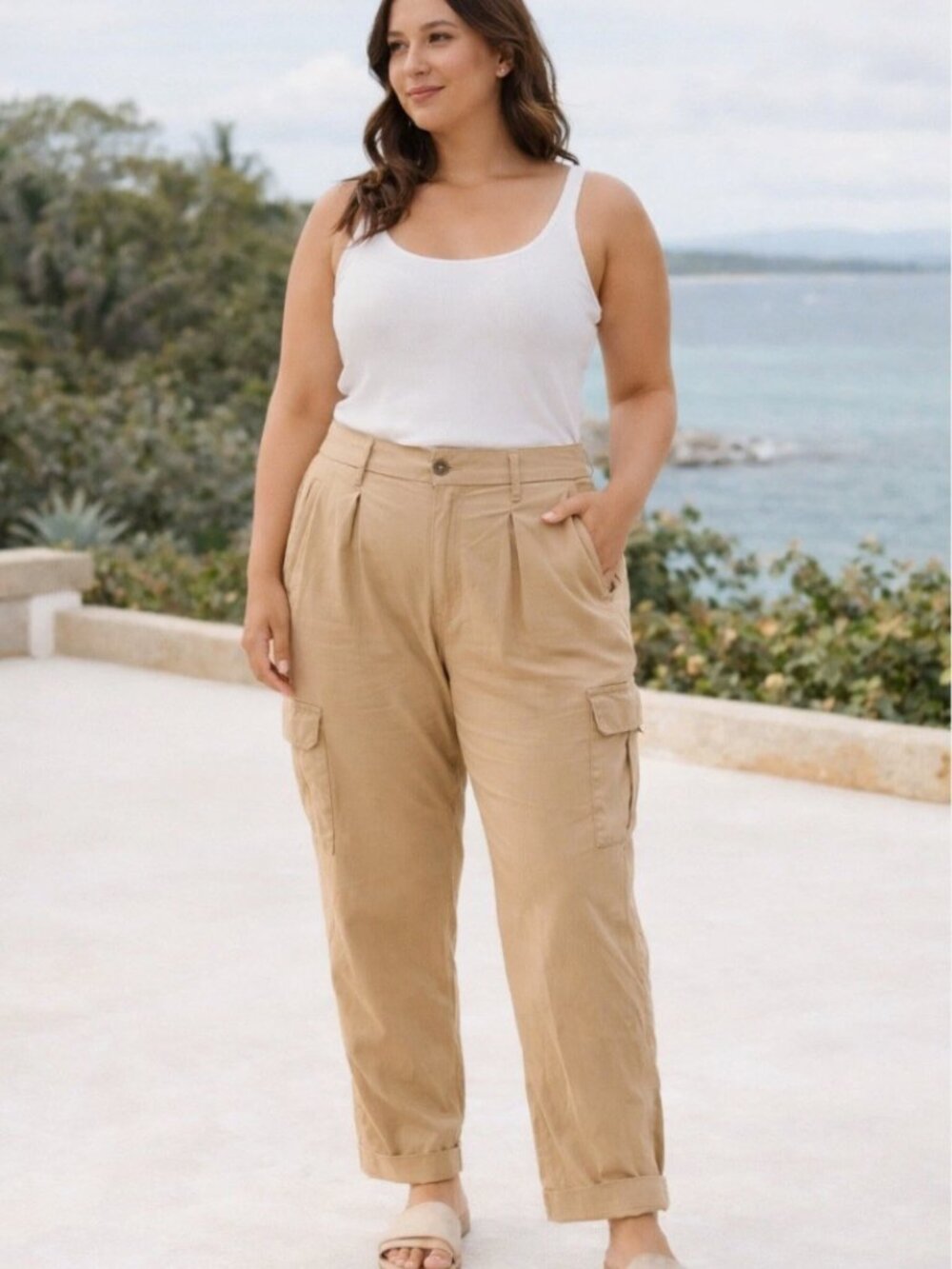 Old Navy Women's XL Taylor Extra High Rise Straight Cargo Trouser Pants Khaki